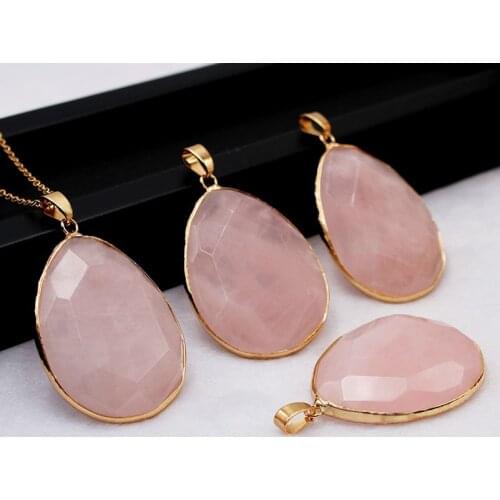 1PC Large Waterdrop Shape Faceted Rose Pink Quartz Necklace with Chain Healing Semi-stone Pendant for Jewelry Craft Goldtone