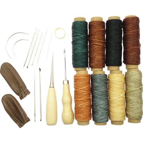 22pcs Leather Craft Hand Stitching Sewing Tools Awl Waxed Thread Thimble Kit