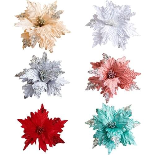 25cm Glitter Large Artificial Flowers Christmas Decor Poinsettia Fake Flowers Wedding Xmas Tree New Year Home Decoration