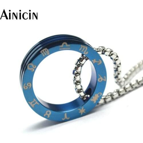5pcs Blue Color Vacuum Plating the signs of zodiac Laser On The Ring Shape Pendants 2mm Box Chain Fashion Unisex Jewelry
