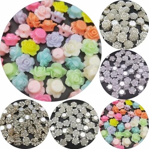 50pcs Mix color White Beige Flower Beads Straight Hole Flat Back Simulated Half Pearl Bead DIY Craft Jewelry Making Accessories
