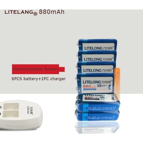 6pcs 9v Rechargeable 880mAh Lithium-ion Battery+1PCS Smart Charger with Adapter