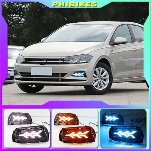 2PCS Car DRL For Volkswagen Polo 2019 2020 LED Daytime Running Light Fog Lamp Sequential Yellow Turn Signal Function