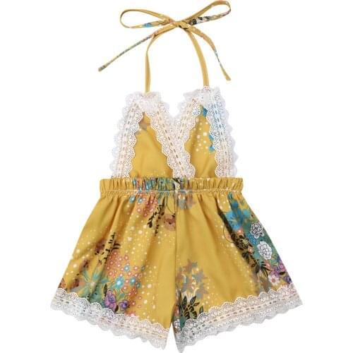 Kids Baby Girls Romper Sleeveless Halter Neck Backless Flower Printed Lace Trim Jumpsuit Playsuit Summer Holiday Bohemia Beach