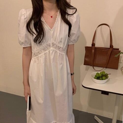 French Lace Crochet Long Midi Dress Hollow Out Princess Short Sleeve V-Neck Lace Dress Loose Casual Cotton Summer Dress 2021