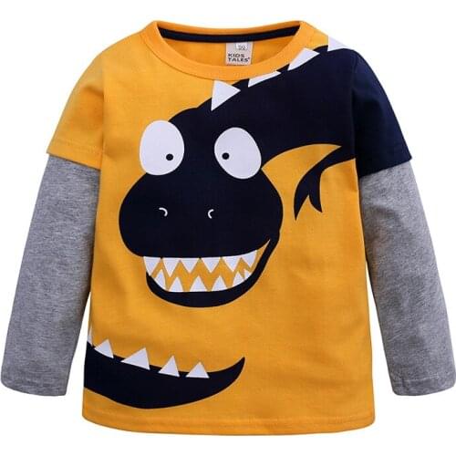 New Toddler Boys Baby T-shirt Children Cotton Full Sleeve Cute Cartoon Dinosaur Tops O-neck Pullover T-shirts For Kids 2-6 Years