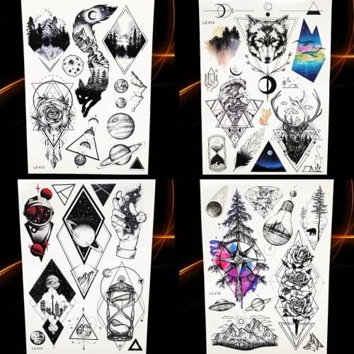 GoldOcean New Black Sketch Fox Fake Tattoo Men Body Art Painting Temporary Tattoo Women Arm Triangle Waves Moon Waterproof Tatoo