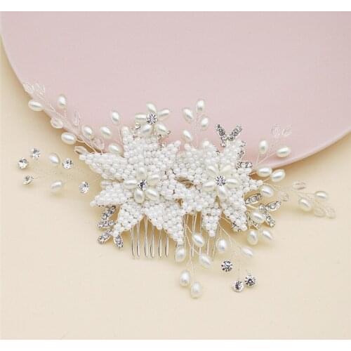 Fashion Silver color Pearls Floral Wedding Hair Comb Jewelry Handmade Bridal Headpiece Hair Accessories For Women Party Prom