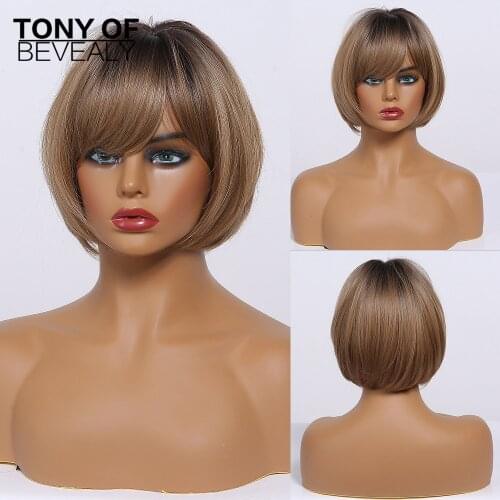 Short Straight Ombre Brown Blonde Synthetic Wigs With Bangs for Women bobo Hairstyle Cosplay Heat Resistant Natural Hair Wigs