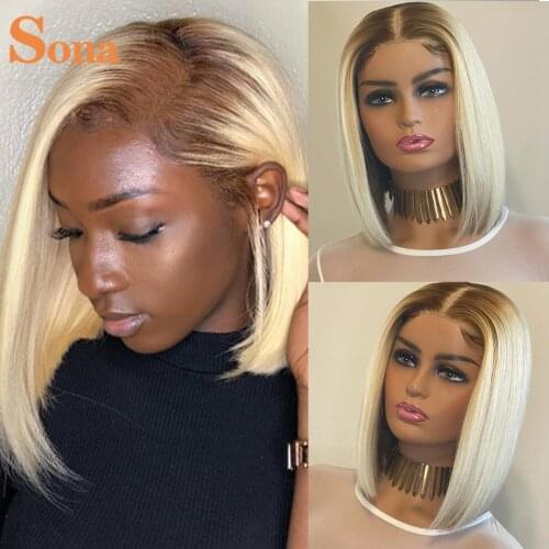 Ombre 4/613 Honey Blonde Bob Wig Straight 613 Closure Wig Short Bob Lace Front Human Hair Wig Colored Lace Frontal Pixie Cut Wig