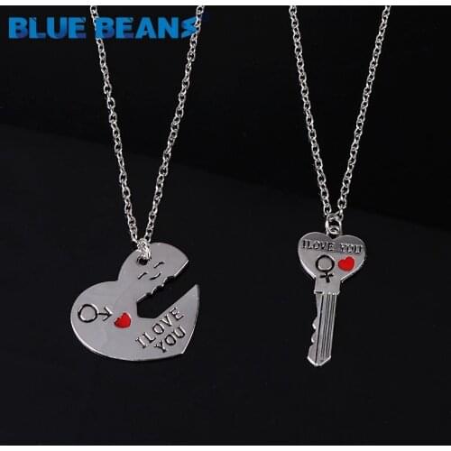 2Pcs/Set Romantic Couple Necklaces Engrave I Love You Love Heart&Key chains pendants Silver Color Chain Collares jewerly Selling