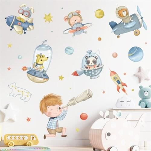 Animal Aircraft Wall Stickers Self-adhesive Painting Stars Astronaut Cartoon Waterproof Kindergarten Children Room Door Stickers