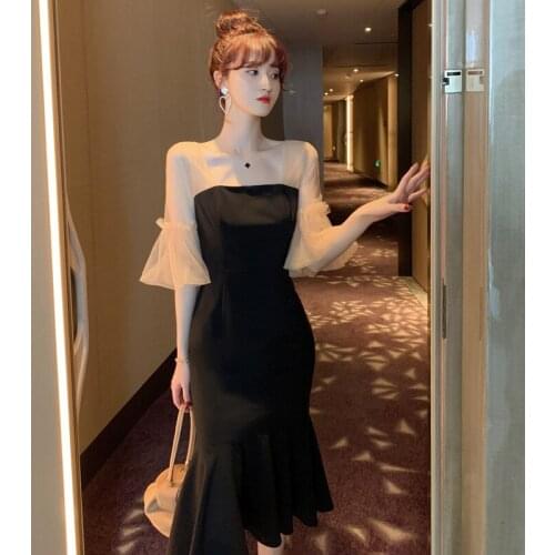 Mesh Patchwork Summer Dresses for Women 2020 Lantern Sleeve Trumpet Elegant Dress Women for Wedding Party Black Korean Dress