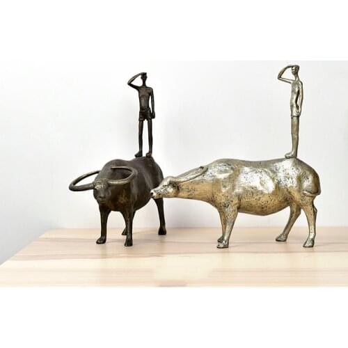 Modern Model House Sales Office Black Resin Crafts Stands With Cowherd Cast Ornaments Creative Living Room Porch Sculpture