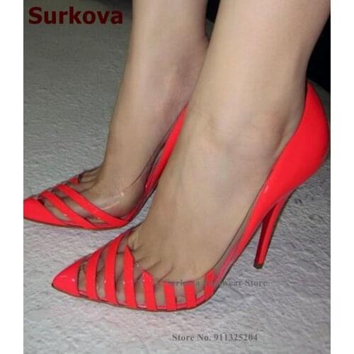 Surkova Red Black Patent Leather Striped High Heel Shoes Transparent Clear PVC Embellished Wedding Pumps 12cm 10cm 8cm Footwear