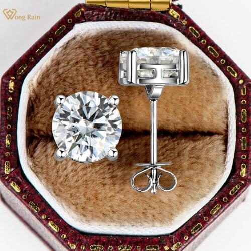 Wong Rain Classic 925 Sterling Silver Round Cut 2 CT Real Moissanite Diamonds Wedding Engagement Studs Earrings Fine Jewelry