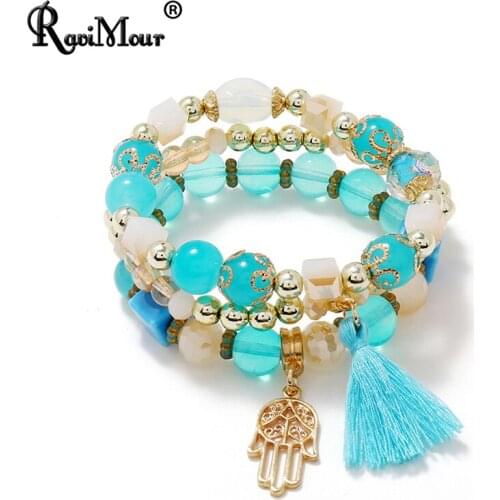 Ethnic Beaded Bracelets Set For Women Vintage Gold Hand Palm Tassel Layered Cuff Charm Bangles Femme Fashion Jewelry Accessories