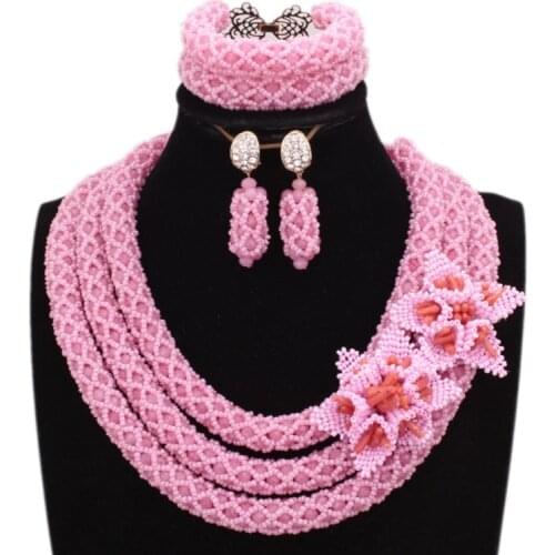 Dudo Peach Color Costume African Jewelry With Coral Beaded Flowers Women Necklace and Bracelet Set Handmade Elegant