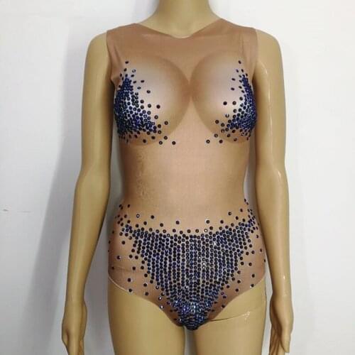 3 Colors Rhinestones Pearls Elastic Bodysuit Bar Nightclub Sexy Stage Wear Women Dancer Pole Dance Costume DJ Party Show Catsuit