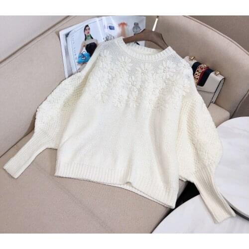 Ladies 2021 Fashion New Long Sexy Solid Color Embroidery Lantern Sleeve Retro Flower Sweater 1224