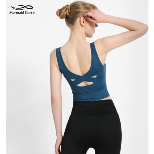Mermaid Curve Women Gym Running Training Vest Sexy Back Cross Yoga Vest High Quality Elastic Tight Sport Tank Top With Chest Pad