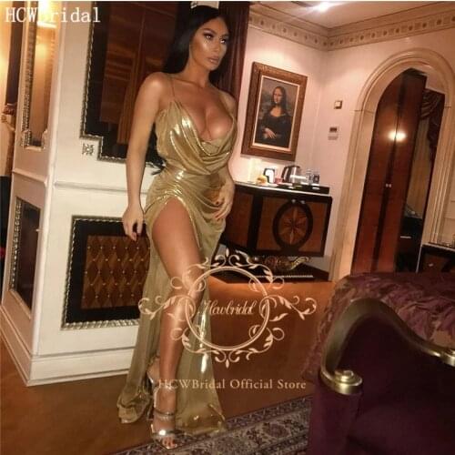 Gold Shiny Sexy Prom Dresses High Slit Spaghetti Strap Mermaid Special Occasion Women Dress Plus Size Long Party Gowns Cheap