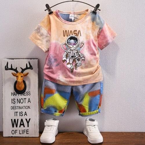 Little Boy Wear Cartoon Astronaut Print Camouflage Short-sleeve T-shirt + Shorts Set Cotton Tees Paint Short Jeans Summer Suits