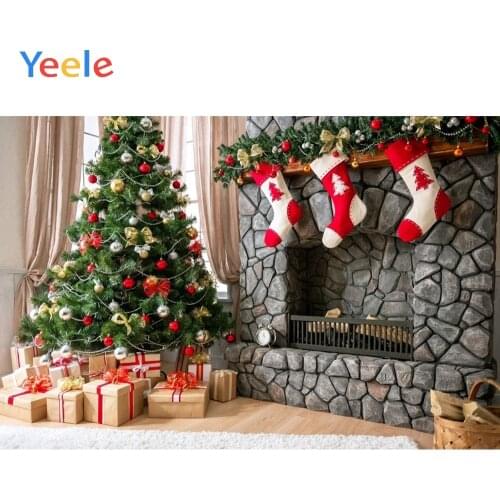 Yeele Merry Christmas Party Tree Gift Sock Fireplace Baby Kids Birthday Photo Background Photography Backdrop For Photo Studio