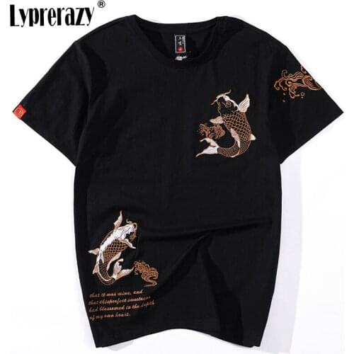 Lyprerazy Mens Hip Hop Chinese Fashion KOI Fish Embroidery T-Shirt Streetwear Tops Tees Harajuku Clothes