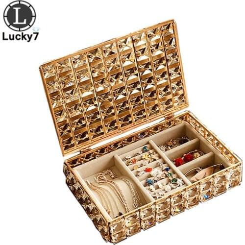High-end Necklace Bracelet Ring Jewelry Box Dressing Table Desktop Crystal Storage Case Luxury Flannel Jewelry Box Organization