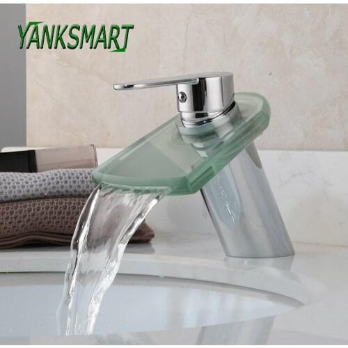 YANKSMART Chrome Polished Bathroom Basin Sink Faucet Glass Waterfall Deck Mounted Faucets Single Handle Cold And Hot Mixer Water