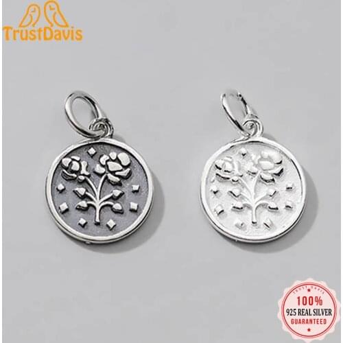 TrustDavis Real 925 Sterling Silver Fashion Geometric Round Coin Flower Charm Pendant Handmade DIY Accessories Jewelry DZ100