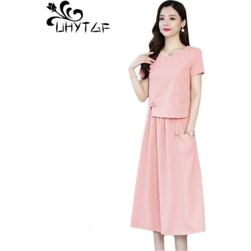 UHYTGF Fashion women dress two piece set Korean short sleeve pullover summer skirt sets female cotton linen plus size dress 1686