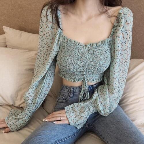 Trendy Women Square Neck Drawstring Floral Chiffon Tops Thin Long Sleeve Floral Ruffles Chiffon Shirt Tops Womens Clothing