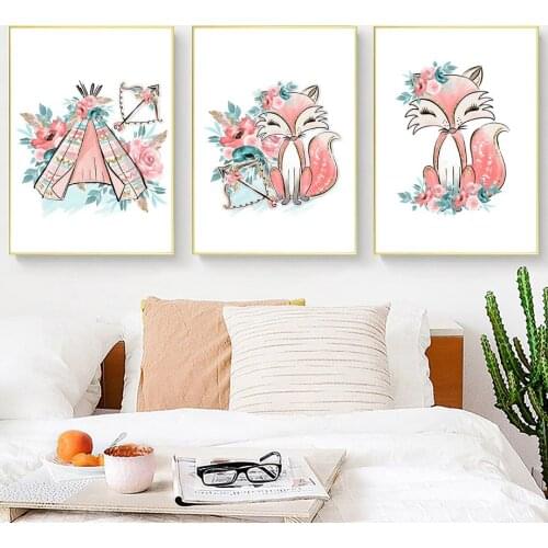 Cartoon Fox Rose Flower Tent Bow Arrow Wall Art Canvas Painting Nordic Posters And Prints Wall Pictures Kids Room Nursery Decor