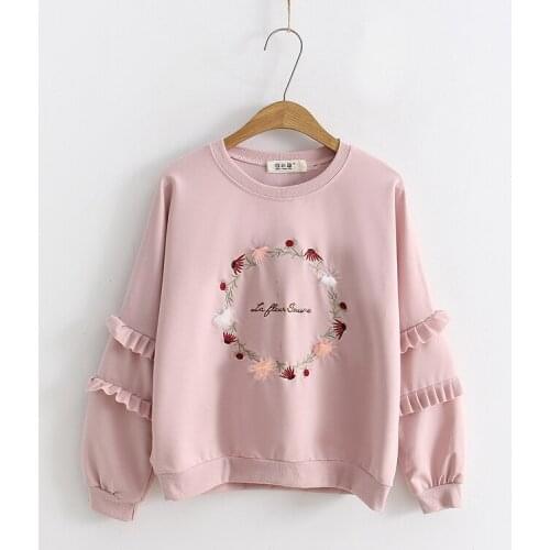 Japanese Spring Autumn New Sweatshirt Female Student Mori Female Garland Printing Loose Plus Size Sweatshirt Women Tops Pink