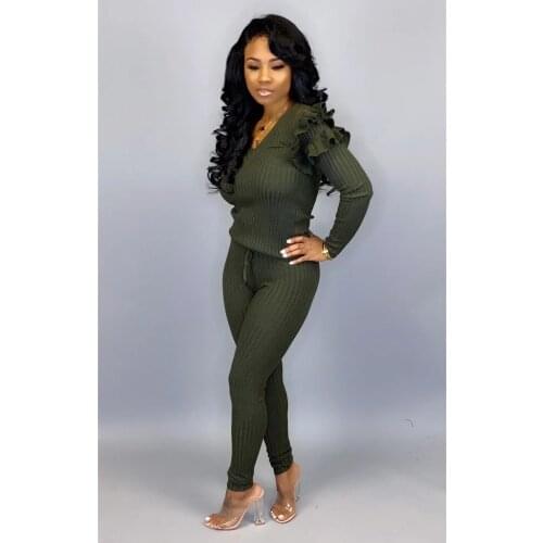 Ueteey New Two-piece Casual V Neck Solid Sweater Women Pant Set