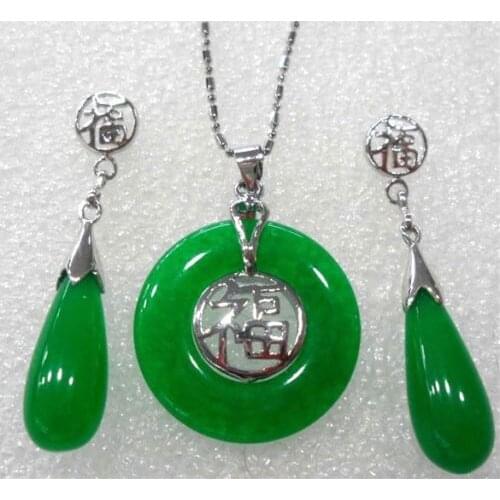 New New natural green jade pendant earrings set