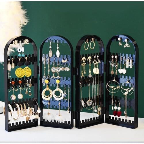 Plastic Clear Earrings Studs Display Rack Folding Screen Earring Jewelry Display Stand Holder Storage Box Gift For Women