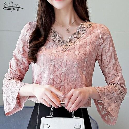 Casual Women Blouses Long Sleeve Lace Blouse Shirt 2021 Women Tops V-neck Blouse Women Fashion Blusa Elegant Shirt Women 0909