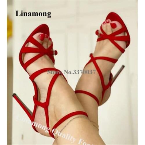 Linamong Women Fashion Red Suede Straps Cross Stiletto Heel Gladiator Sandals Newest Sexy Thin Lace-up Buckles High Heel Sandals