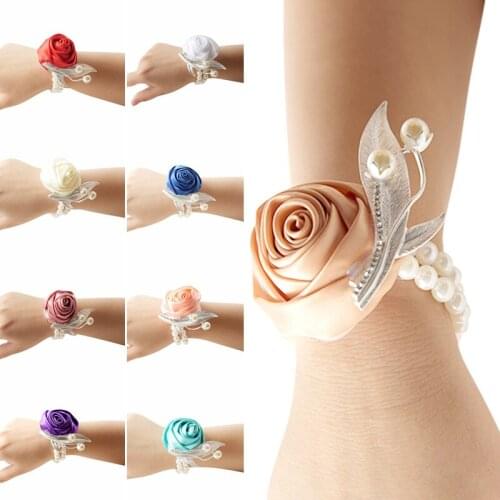 Prom Cloth Rose Flower Party Wrist Flower Wedding Boutonnieres Hot Pink Bridesmaid Corsage Hand Flowers For Marriage Accessories
