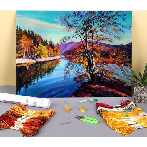 Landscape Near The Water Printed Fabric 11CT Cross-Stitch Kit DIY Embroidery DMC Threads Handmade Sewing Handiwork Magic