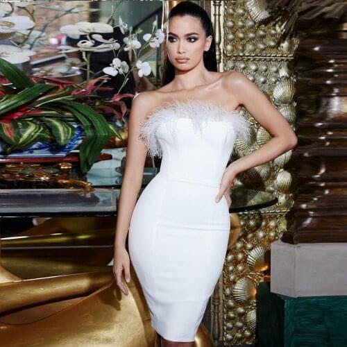 WillBeNice 2020 Fashion Autumn Sexy Feather White Bandage Dress Party Celebrity Black Bodycon Dress Maxi Strapless Club Vestido