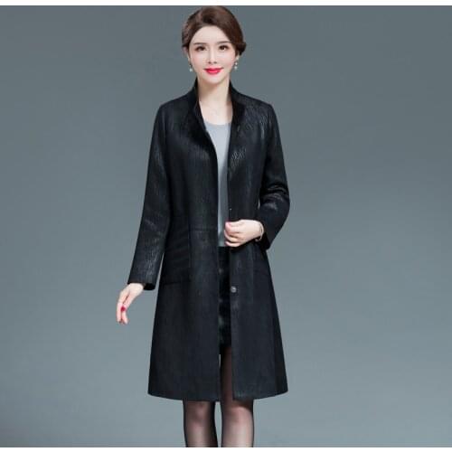 Women Black Faux Leather Jacket XL-5XL New Middle-aged Ladies Retro Loose Faux Sheepskin Trench Coats Large Size Female Clothing