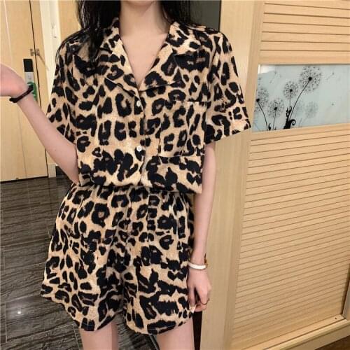Woman Pajamas Summer Short-Sleeve Shorts Sleepwear 2021 New Leopard Print Lapel Loose Casual Female Nightwear Homewear