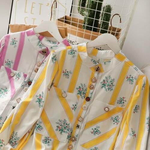 Womens Shirt Design Loose and Thin Round Neck Striped Shirt Womens 2021 Autumn Single-breasted Long-sleeved Shirt Top