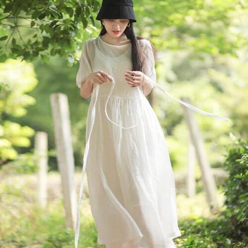 Women Loose Half Sleeve Ramie Dress Ladies 2021 Summer Ramie Dresses Female 2021 Thin Ramie Dresses