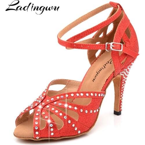 Ladingwu Red Glitter Salsa Dance Shoes Woman Rhinestone Ballroom Dancing Shoes Petformance Latin Shoes Dance Sandals Heel 6-10cm