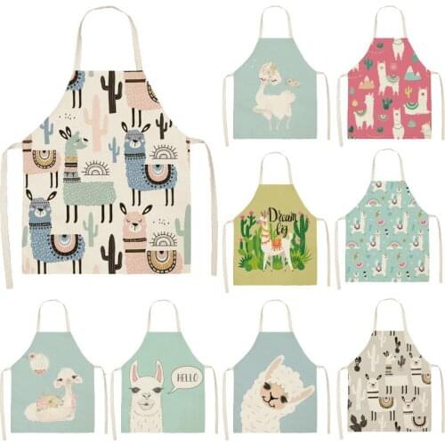Llama Alpaca Cactus Printed Cotton Linen Sleeveless Aprons Kitchen Women Pinafore Home Cooking Baking Waist Bib 53*65cm